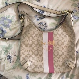 Large pink white and tan Coach crossbody bag